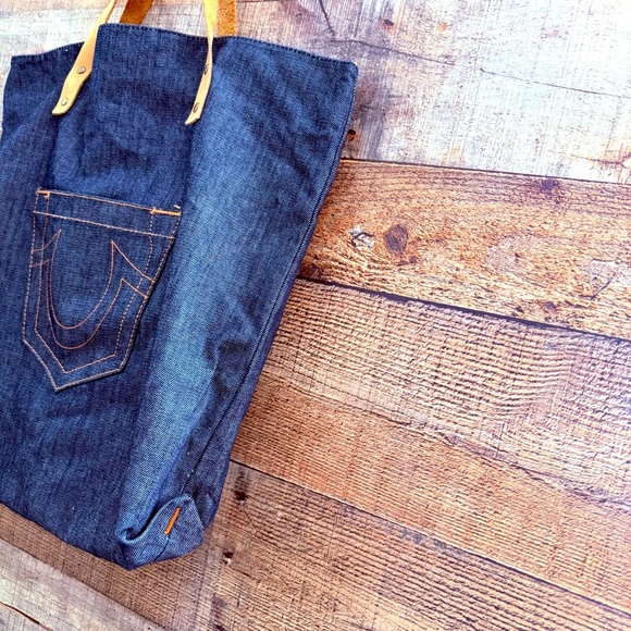 NWOT Unisex True Religion YTruBag Denim Tote Bag with Leather Handles - Picture 3 of 6